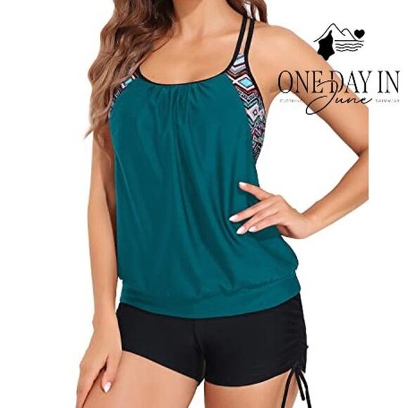 Hanna Nikole Plus Size Ruched Boyshort Double Up Tankini Swimsuit Size 24W - Picture 1 of 6